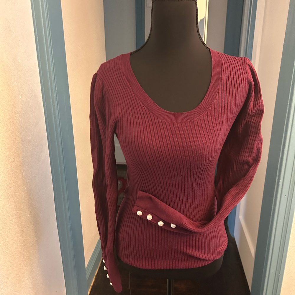 LOFT Burgundy Ribbed Knit Top with Pearl Accents